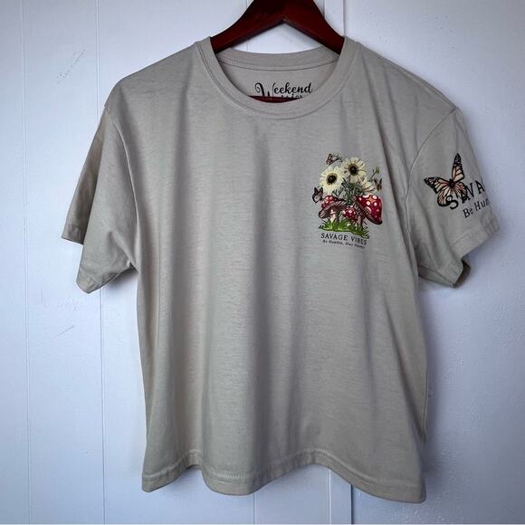 Weekend Warriors Tan Savage Vibes Mushroom Botanical Crop Tee Shirt Women Size L - Picture 8 of 13